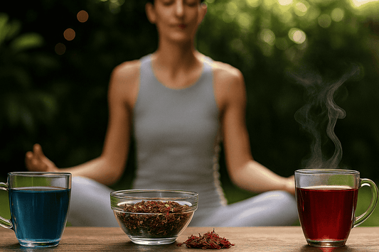 Woman meditating on a yoga mat with butterfly pea tea and hibiscus tea placed beside her, surrounded by soft natural light