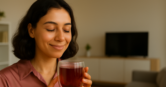 Young woman enjoying a cup of hibiscus tea at home, eyes closed and smiling, embracing the calming aroma and wellness benefits of herbal flower tea