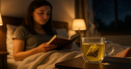 Chamomile bedtime tea in a double-walled glass cup with steam, beside a woman reading in bed — relaxing nighttime ritual for better sleep and calm.