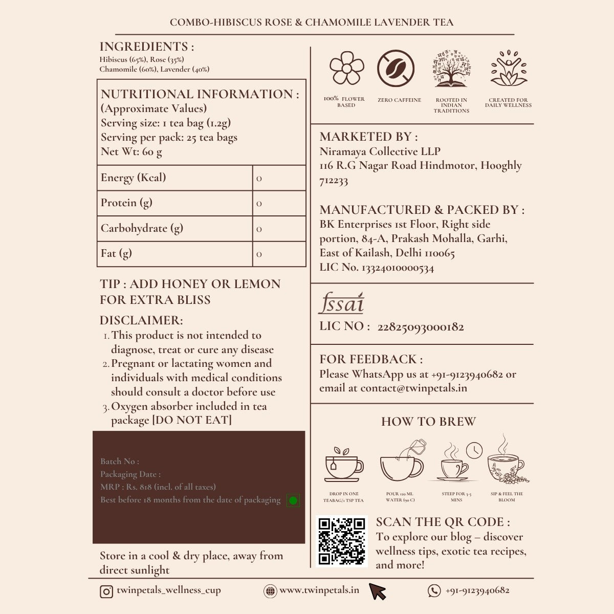 Back label of chamomile lavender and hibiscus rose tea combo – ingredients, brewing instructions, and nutritional details
