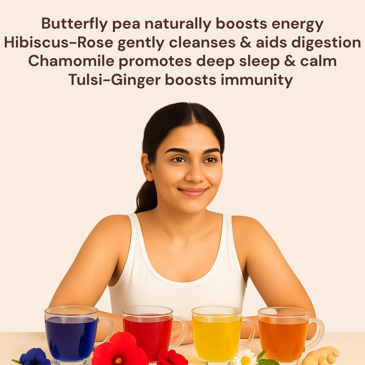 Benefits of chamomile hibiscus butterfly pea tulsi ginger tea combo – calming, immunity boost, and antioxidant-rich herbal blend