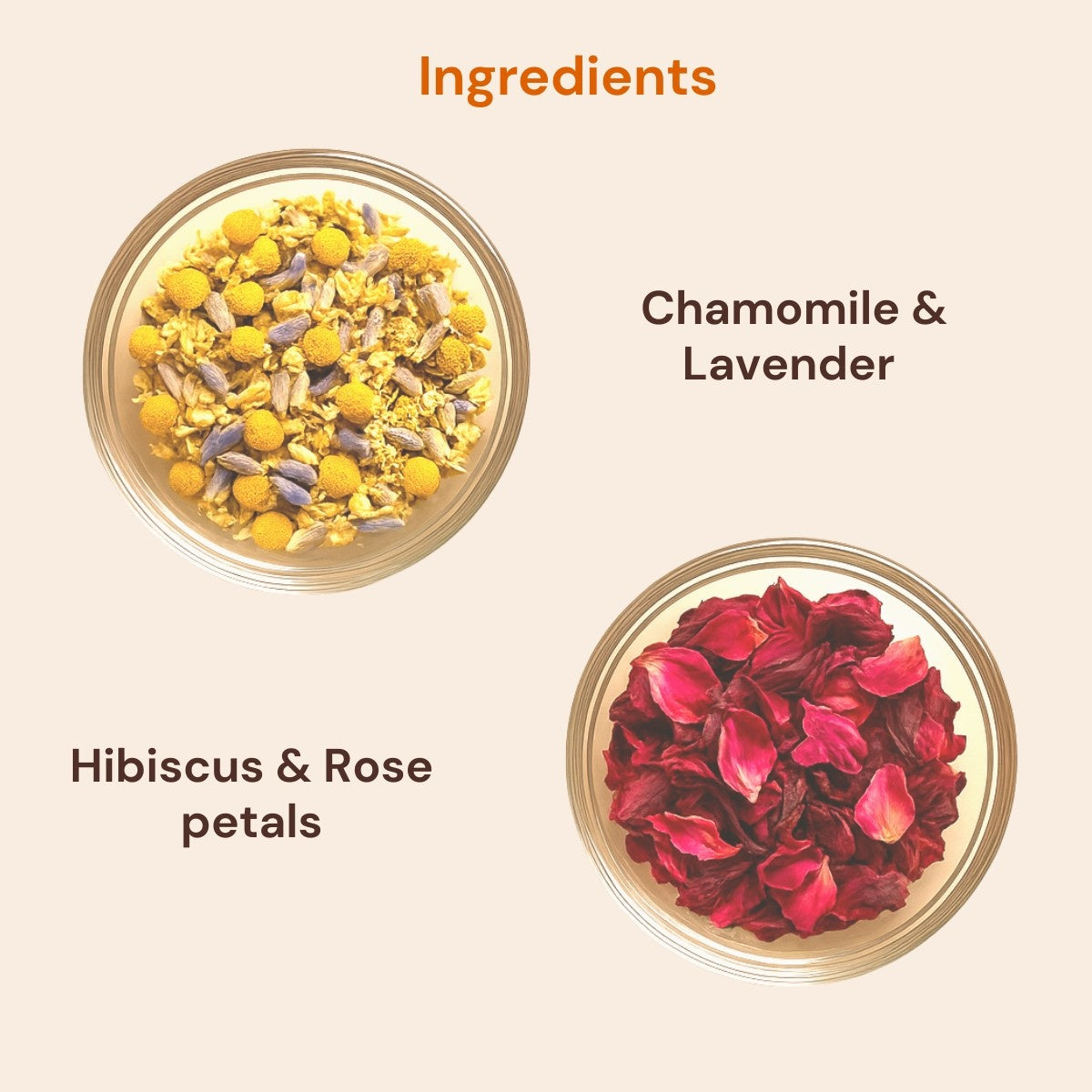 Ingredients of chamomile lavender and hibiscus rose tea combo – natural dried flowers and herbs for soothing herbal blend