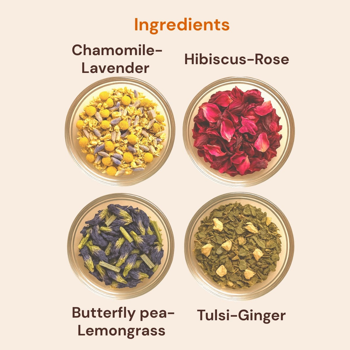 Ingredients of chamomile hibiscus butterfly pea tulsi ginger tea combo – natural dried flowers and herbs for calming immunity-boosting blend