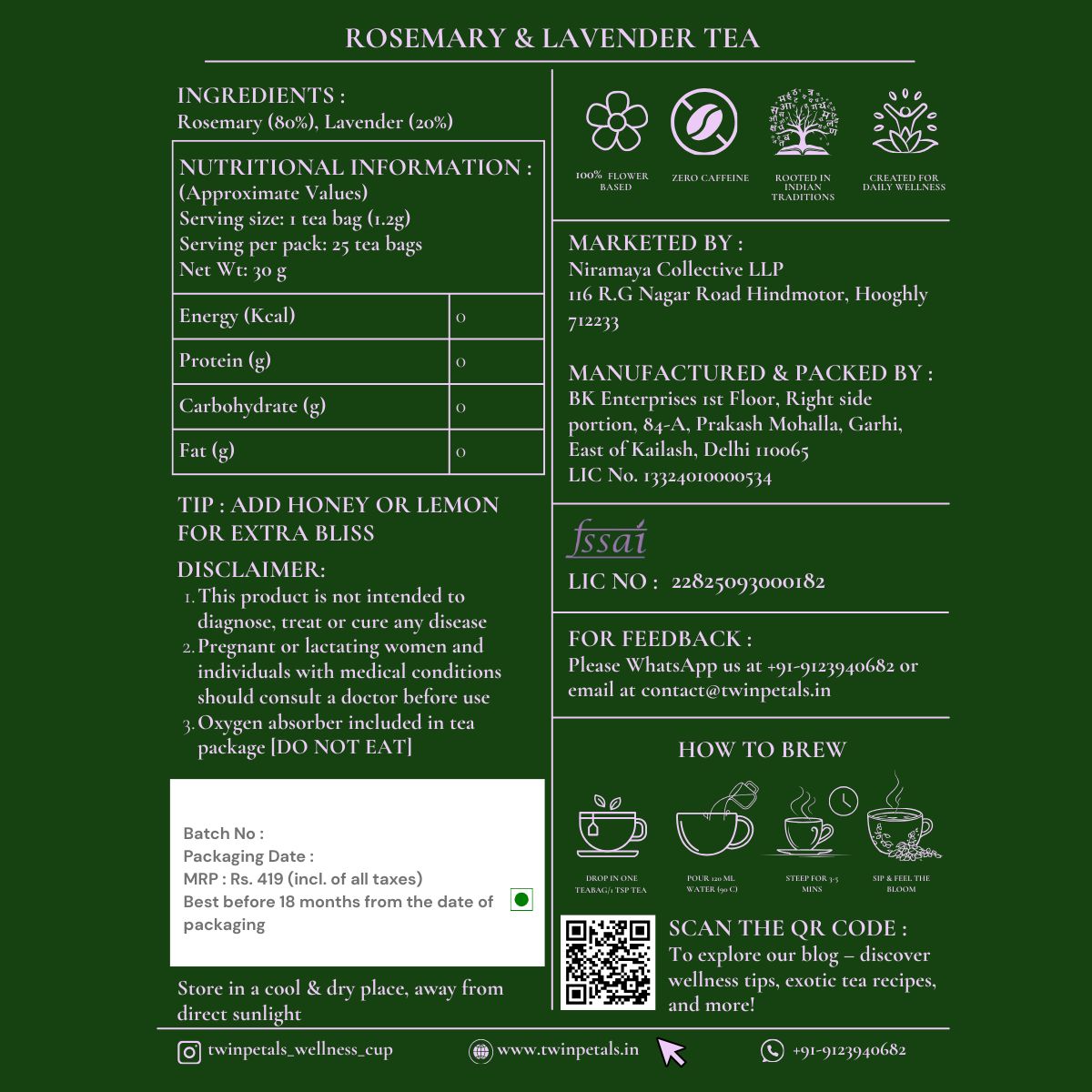 Twinpetals Rosemary & Lavender Tea back label – calming, aromatic herbal wellness blend