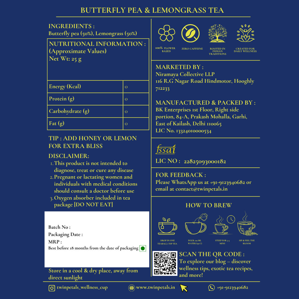 Back label of Twinpetals Butterfly Pea & Lemongrass Tea showing ingredients, nutritional information, brewing instructions, and brand details