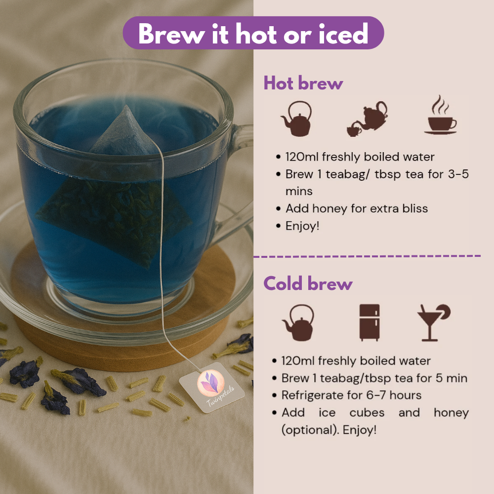Brewing guide for Butterfly Pea Lemongrass tisane – hot and cold preparation method