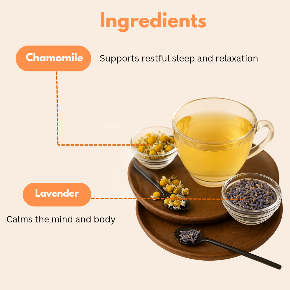 Ingredients of Twinpetals Chamomile & Lavender blend — dried chamomile flowers and lavender buds shown, known for promoting restful sleep and calming the mind