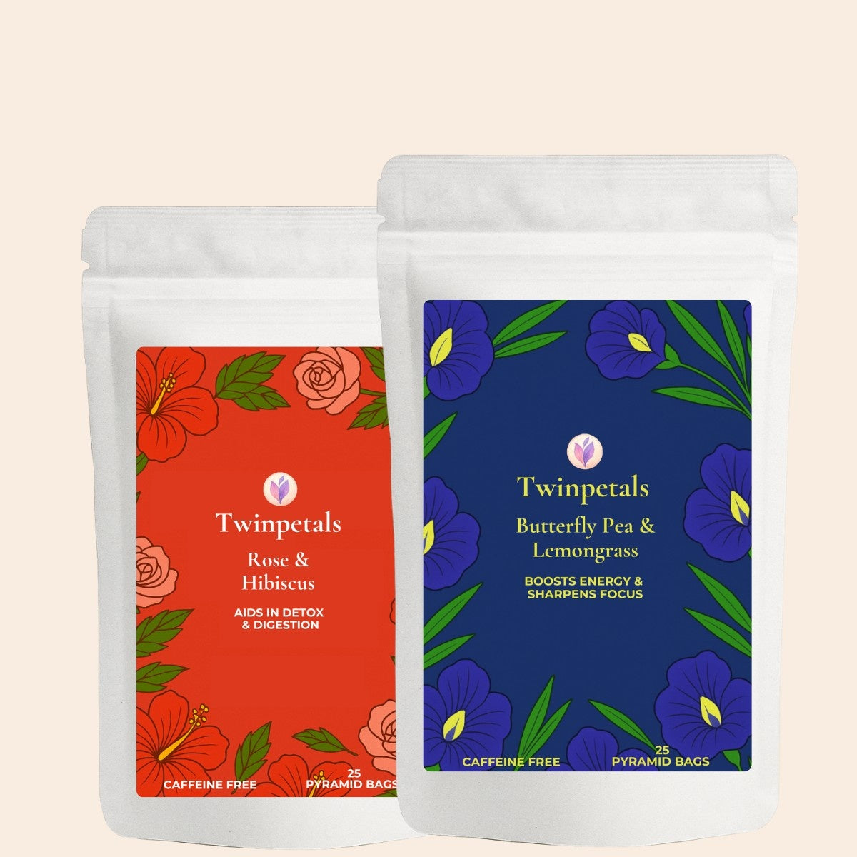 Front view of Twinpetals Butterfly Pea Hibiscus Rose tea combo pack, featuring vibrant floral blends for detox, digestion, and relaxation