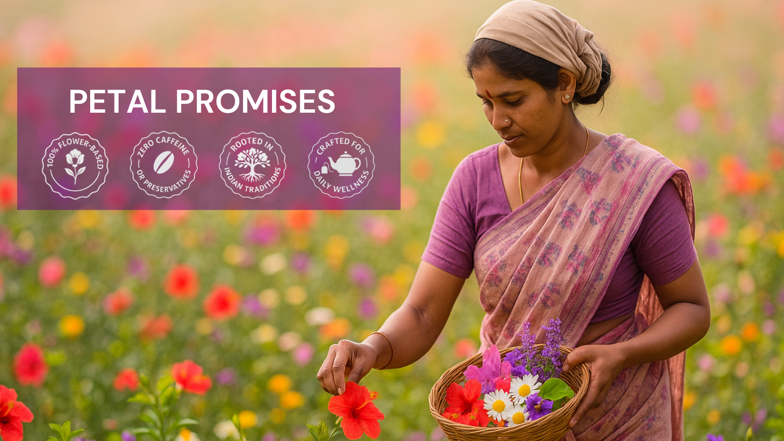 Indian woman picking colorful flowers in a field, with icons showing Twinpetals petal promises