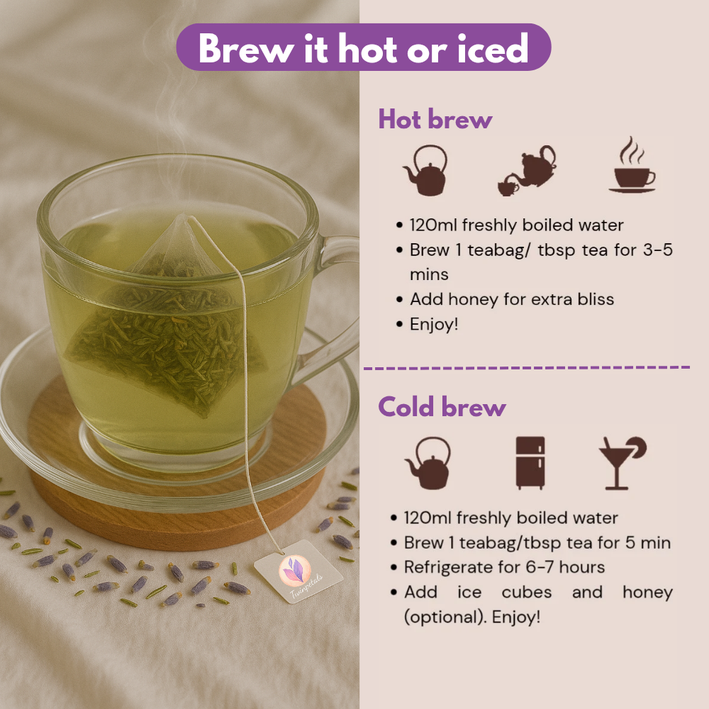 How to brew Rosemary & Lavender Tea – steep 1 bag in 120ml hot water, enjoy warm or iced