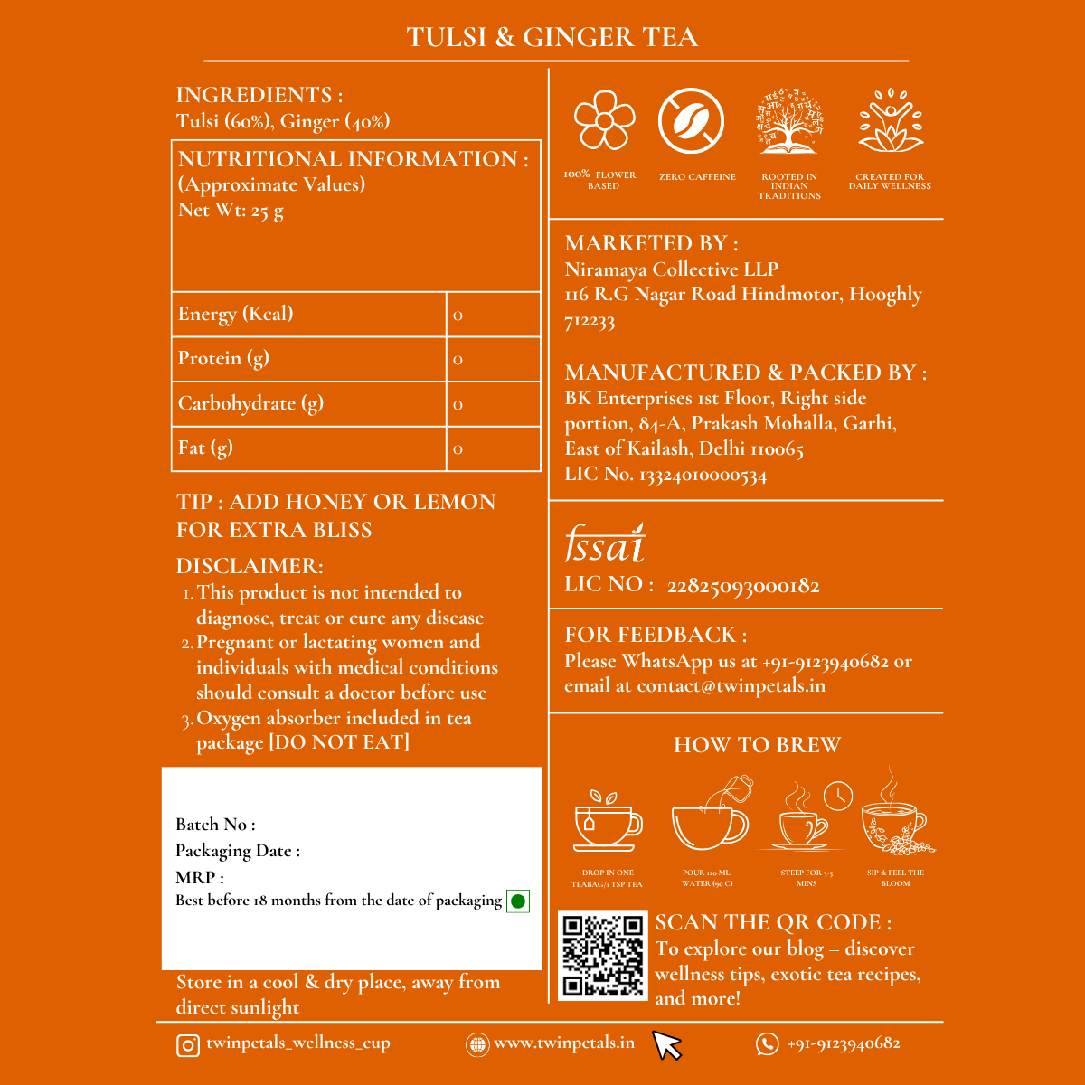 Product back label of Twinpetals Tulsi & Ginger Tea highlighting ayurvedic ingredients, benefits, and instructions for best use