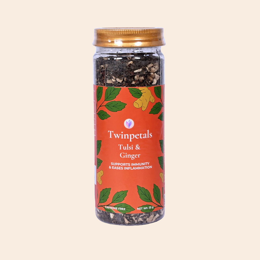 Twinpetals Tulsi & Ginger Loose Leaf Flower Tea in Bottle
