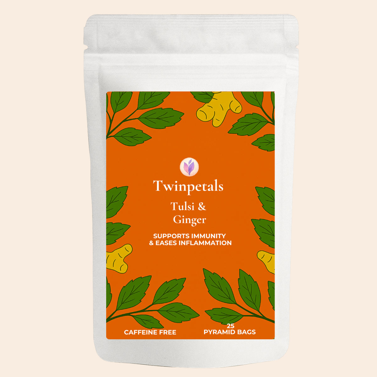 Front packaging of Twinpetals Tulsi & Ginger Tea – a caffeine-free herbal infusion that supports immunity and eases inflammation, with bold ginger and tulsi illustrations on an orange label