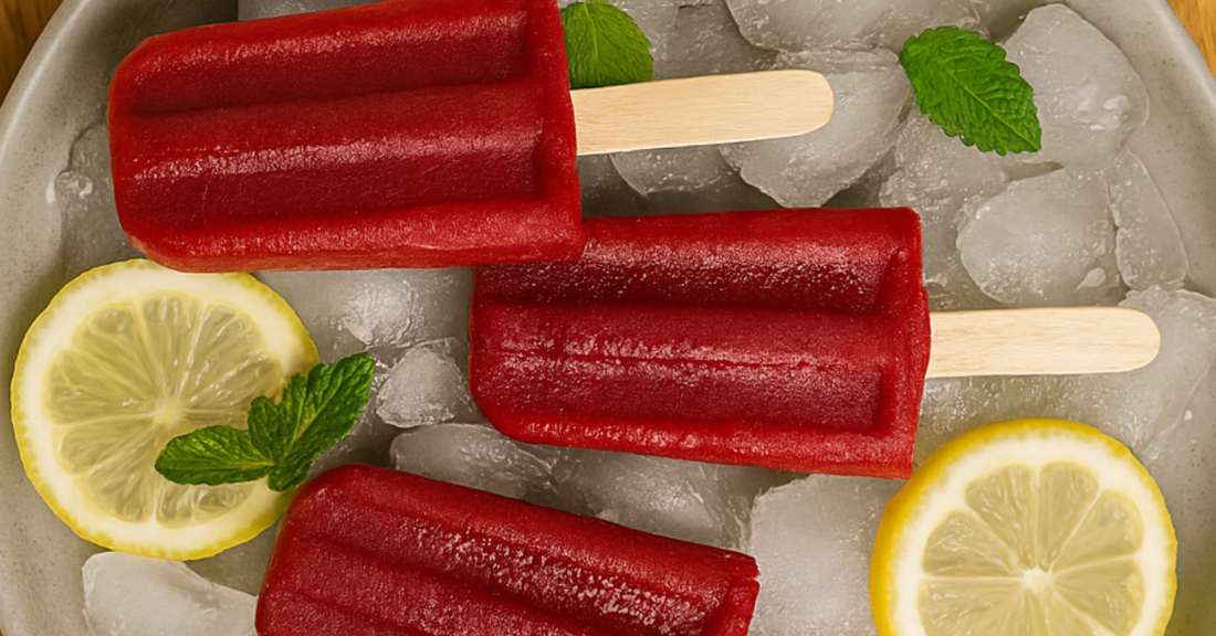 Hibiscus and rose tea popsicles placed over ice with mint leaves and lemon slice, next to Twinpetals Hibiscus & Rose tea pack — refreshing summer treat made from caffeine-free flower tea blend