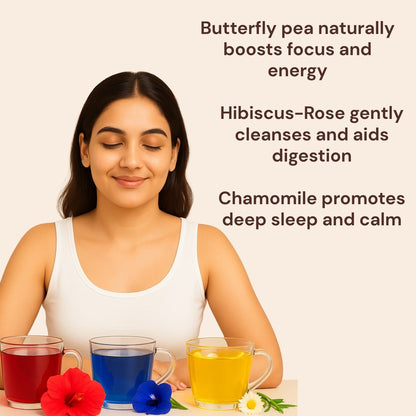 Benefits of chamomile hibiscus and butterfly pea tea combo – calming, detox support, and antioxidant-rich floral blend
