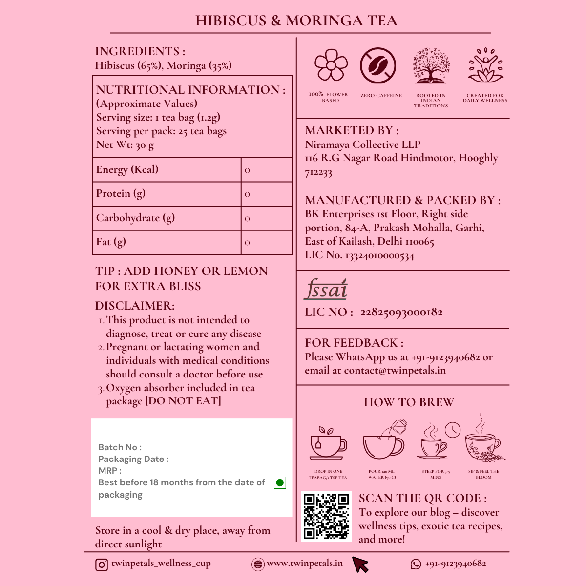 Tea label for Hibiscus & Moringa tea with ingredients, nutritional information, and brewing instructions on a pink background.