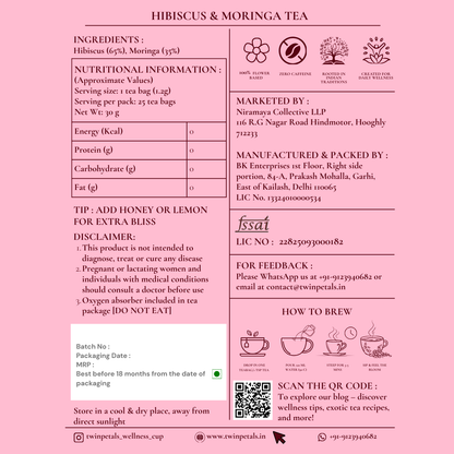 Tea label for Hibiscus & Moringa tea with ingredients, nutritional information, and brewing instructions on a pink background.