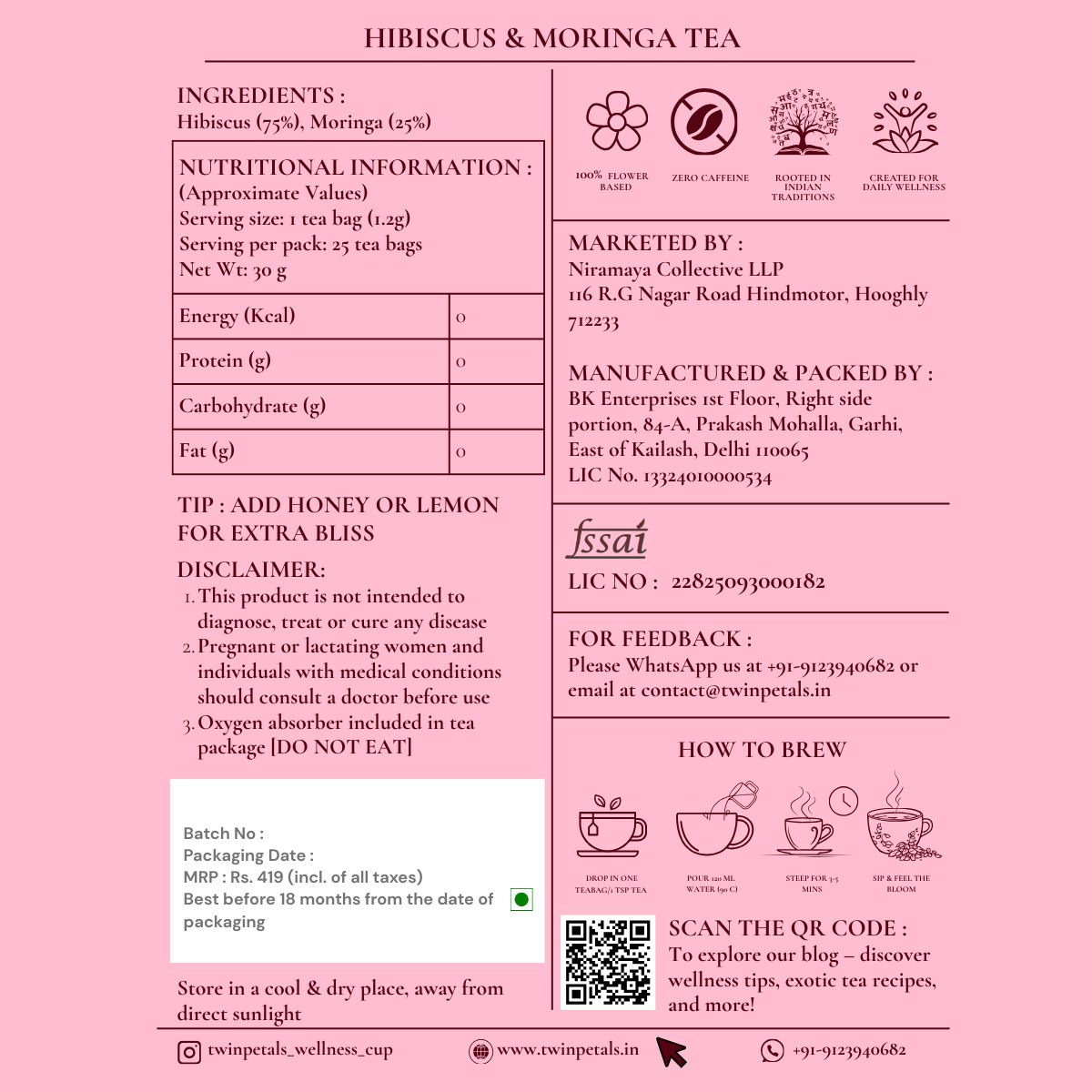 Twinpetals Hibiscus & Moringa Tea back label – caffeine-free detox and immunity blend.