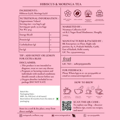Twinpetals Hibiscus & Moringa Tea back label – caffeine-free detox and immunity blend.