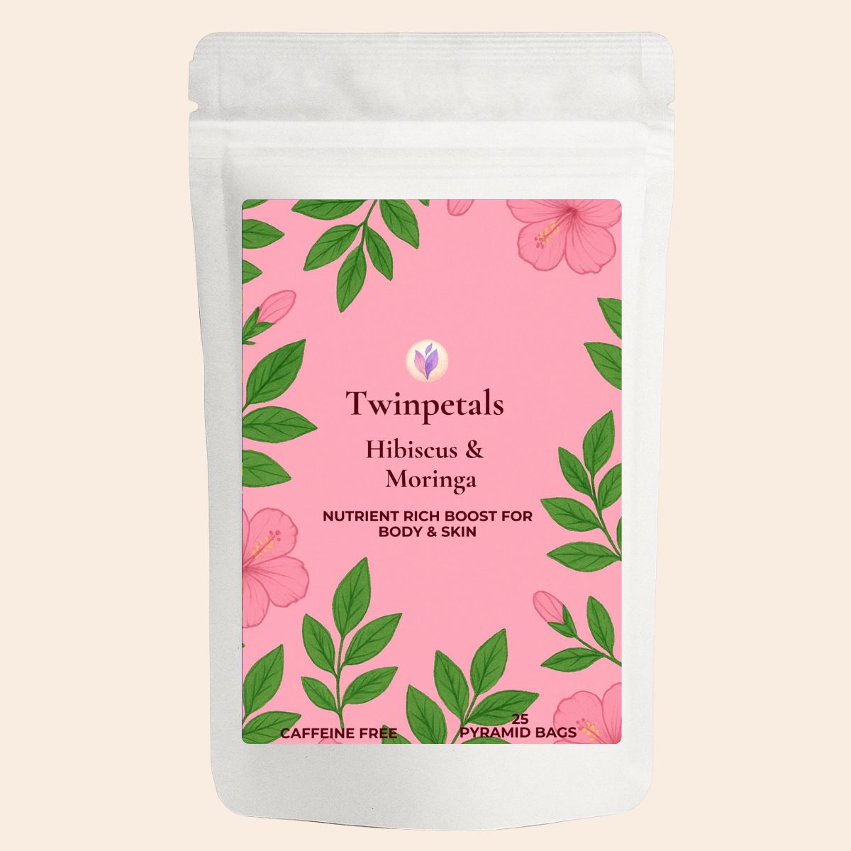 Twinpetals Hibiscus & Moringa Tea front pack – earthy, antioxidant-rich herbal blend.