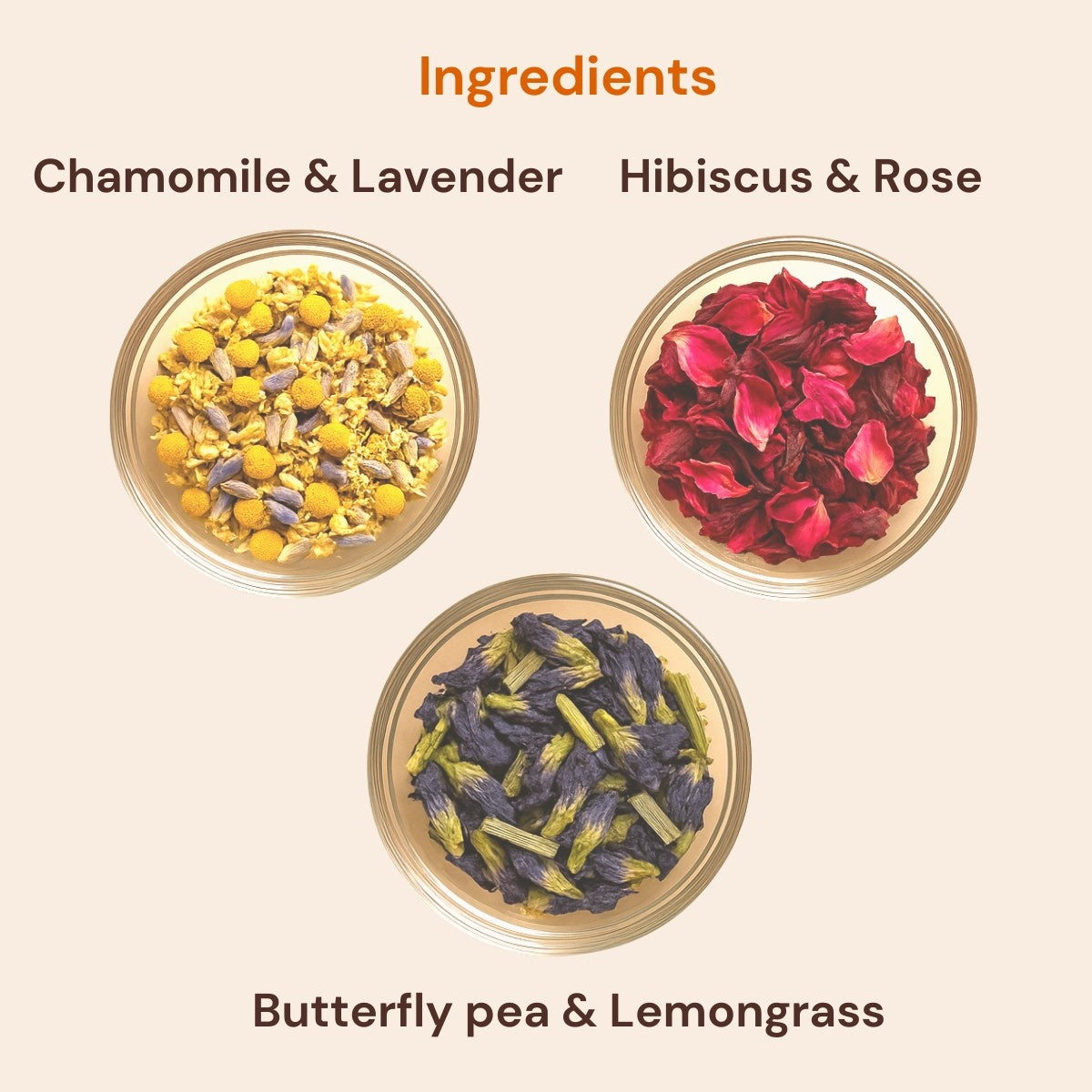 Ingredients of chamomile hibiscus and butterfly pea tea combo – natural dried flowers and herbs for soothing detox herbal blend