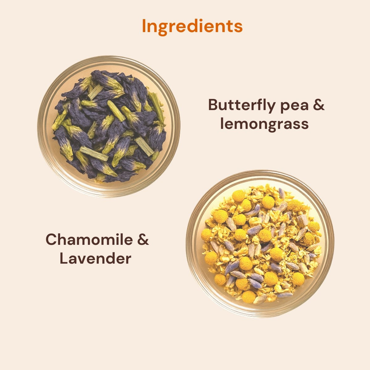 Ingredients of chamomile lavender and butterfly pea tea combo – natural dried flowers and herbs for relaxing herbal blend