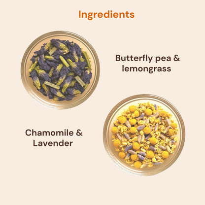 Ingredients of chamomile lavender and butterfly pea tea combo – natural dried flowers and herbs for relaxing herbal blend