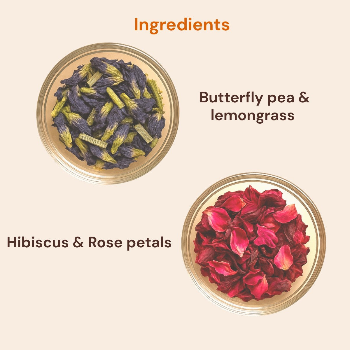 Ingredients of butterfly pea lemongrass tea and hibiscus rose tea – natural dried flowers and herbs for herbal wellness blend