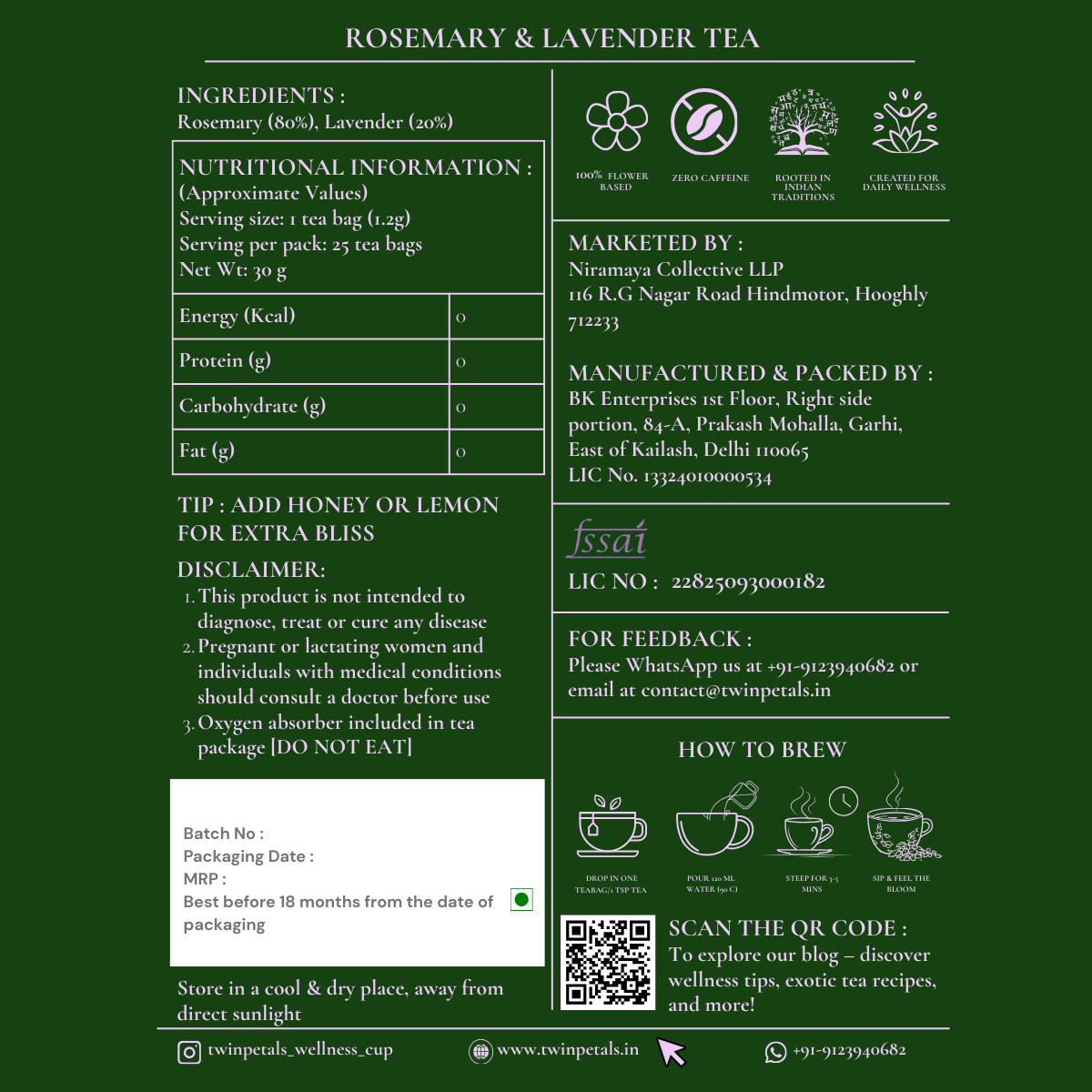 Tea label for Rosemary & Lavender tea with ingredients, nutritional information, and brewing instructions on a green background.