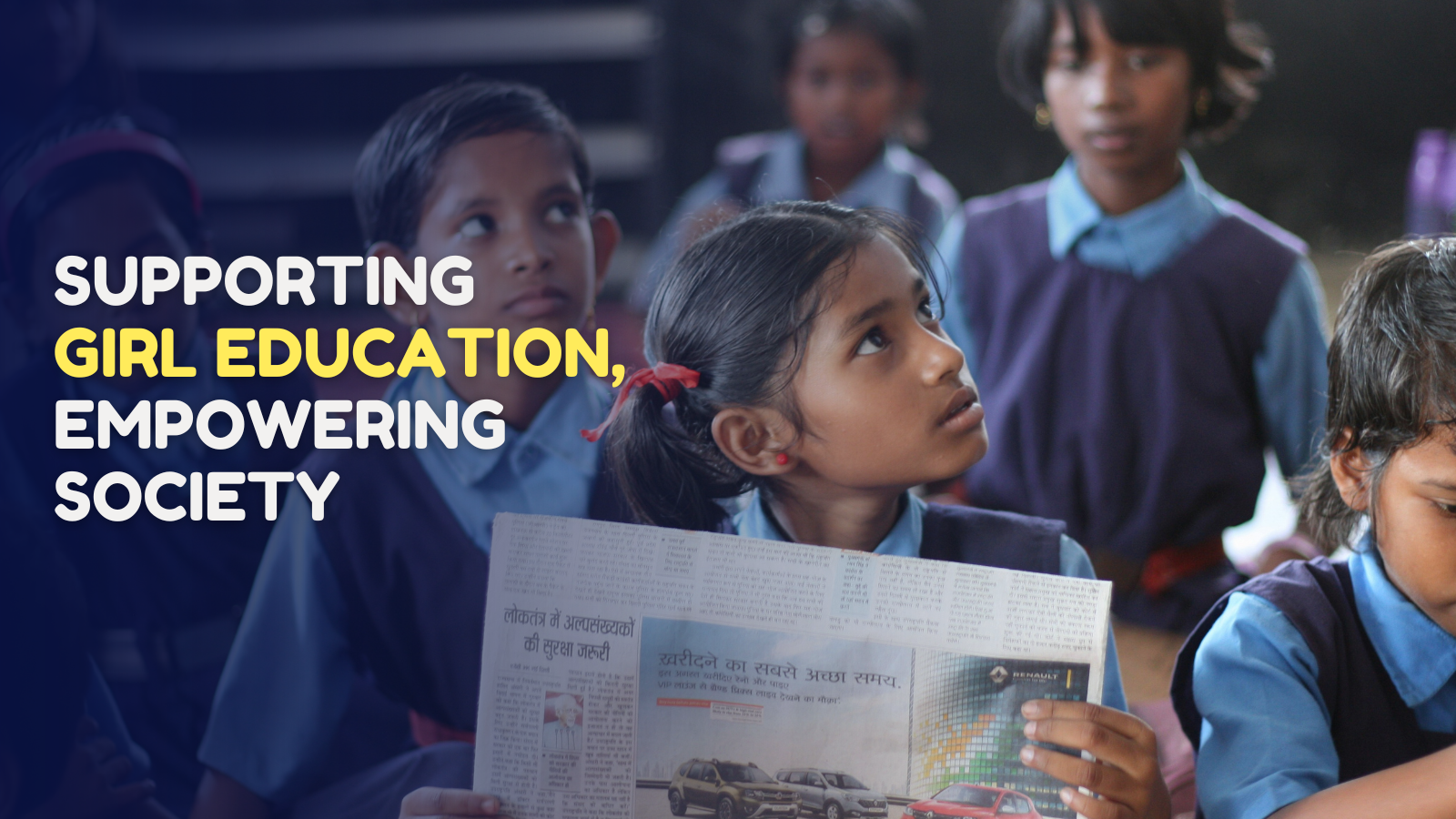 Our vision at twinpetals is to support girl child education and give back to society. Children in school uniforms with a focus on one holding a newspaper, with text 'Supporting Girl Education, Empowering Society'.s