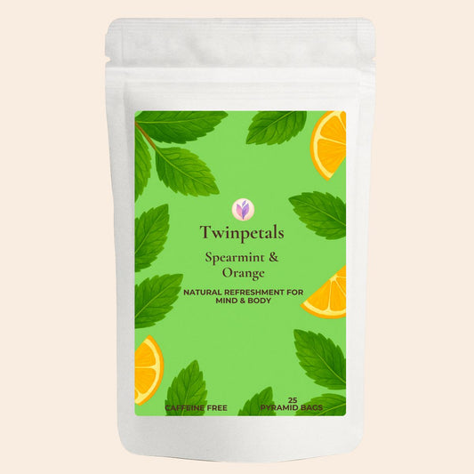Twinpetals Spearmint & Orange Tea front pack – cooling, citrusy herbal blend