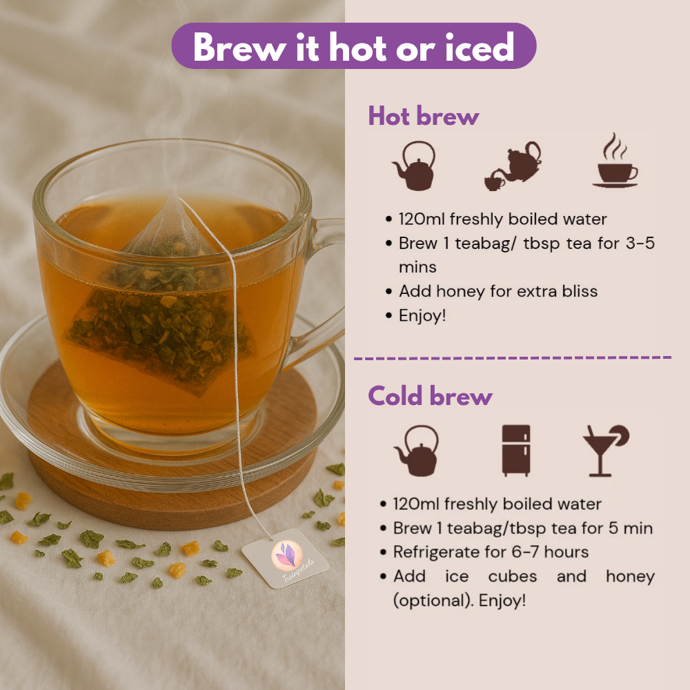 How to brew Spearmint & Orange Tea – steep 1 bag in 120ml hot water, enjoy warm or iced