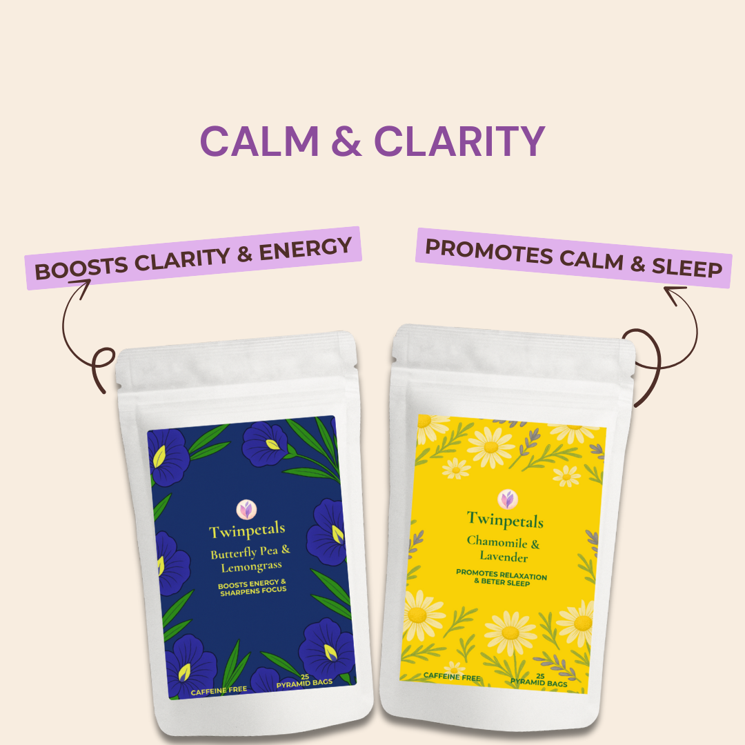 twinpetals calm and clarity combo chamomile lavender butterfly pea herbal tea stress relief focus