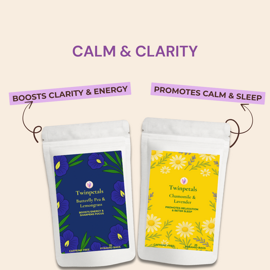 twinpetals calm and clarity combo chamomile lavender butterfly pea herbal tea stress relief focus
