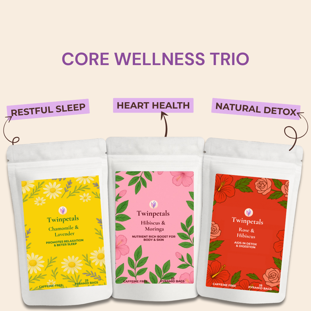 Twinpetals Core Wellness Trio Combo – herbal, caffeine-free teas supporting digestion, detox, and restful sleep