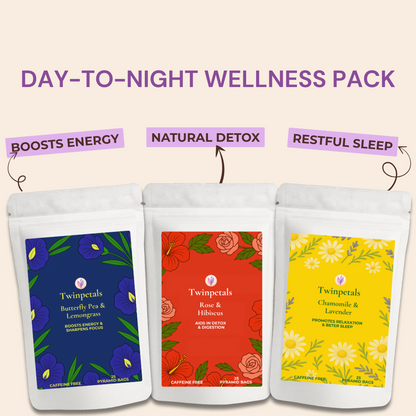 twinpetals day to night combo butterfly pea hibiscus rose chamomile lavender herbal tea wellness pack