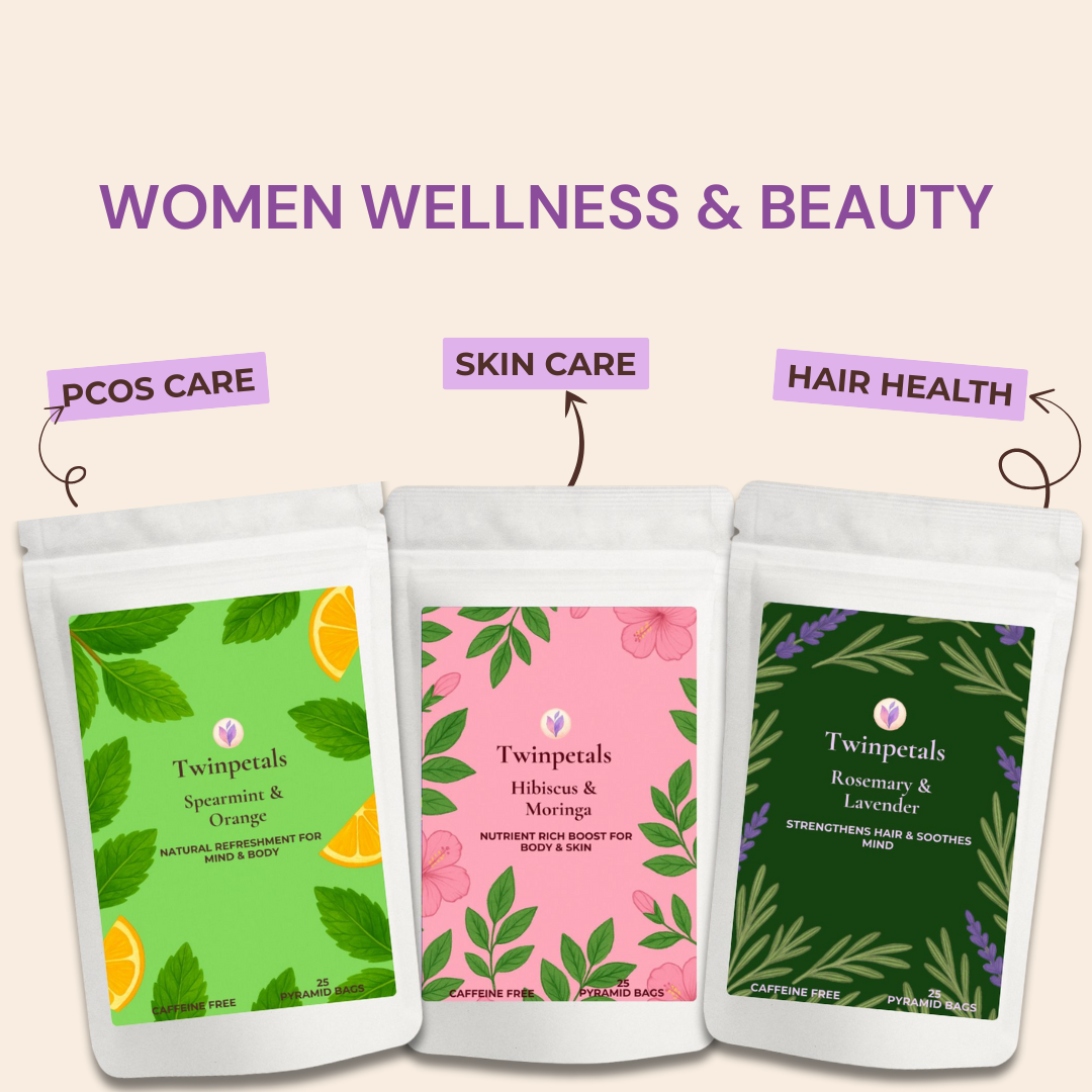 Twinpetals Women’s Wellness and Beauty Tea Combo– herbal, caffeine-free teas supporting hormonal balance, skin glow, and hair health