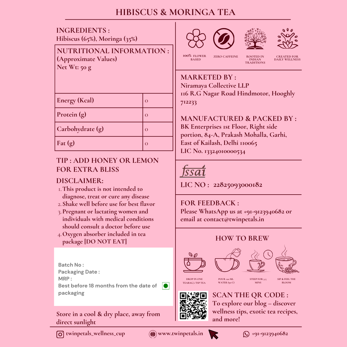 Twinpetals Hibiscus Moringa Tea back label with ingredients, brewing instructions, and nutrition info