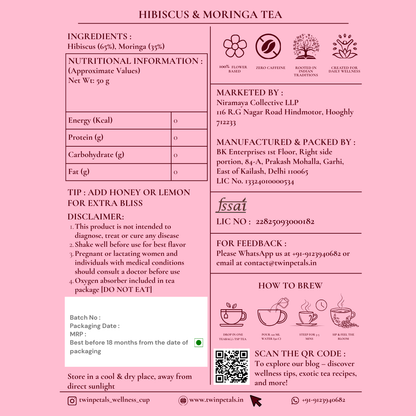 Twinpetals Hibiscus Moringa Tea back label with ingredients, brewing instructions, and nutrition info