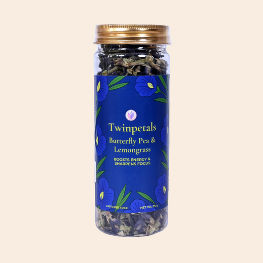 Twinpetals Butterfly Pea & Lemongrass loose leaf flower tea in bottle — boosts energy and focus