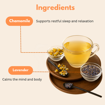 Ingredients of Twinpetals Chamomile & Lavender blend — dried chamomile flowers and lavender buds shown, known for promoting restful sleep and calming the mind