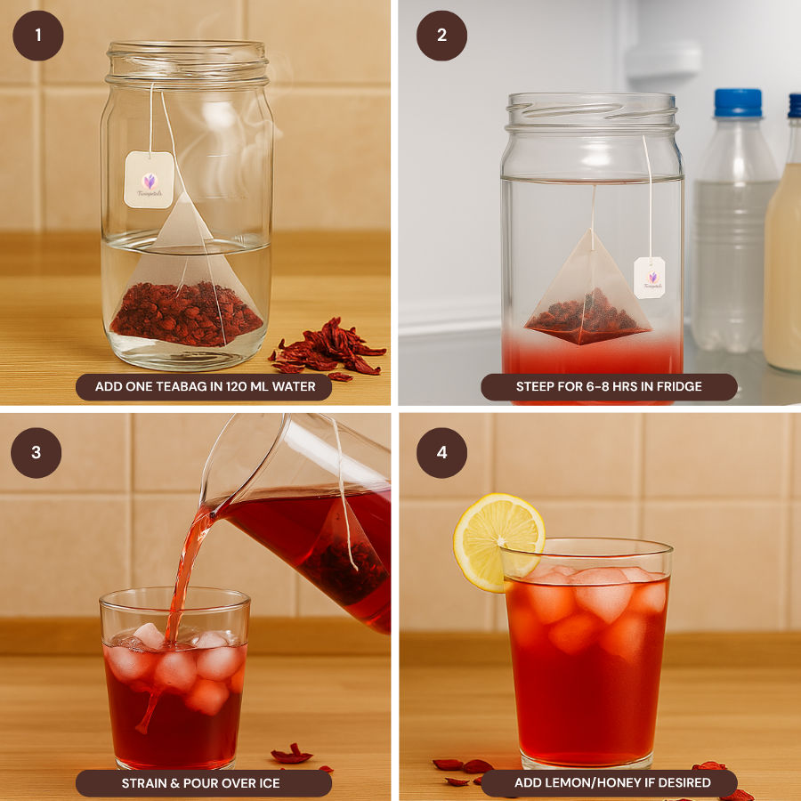 Step-by-step guide to making cold brew hibiscus tea with Twinpetals pyramid tea bags