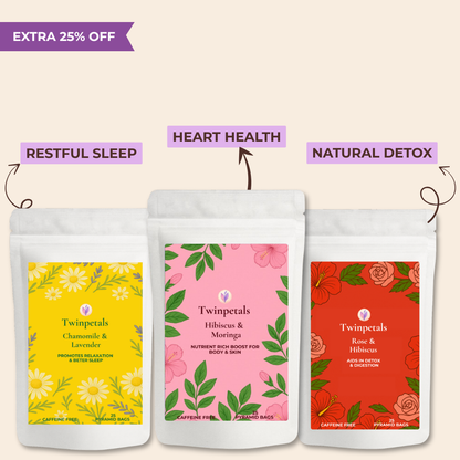 Twinpetals Internal Wellness Trio Herbal Tea – Chamomile Lavender, Hibiscus Moringa, and Hibiscus Rose for calm, skin health, and daily balance.