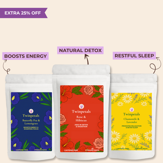Twinpetals Day to Night Wellness Tea Combo – Hibiscus Rose, Butterfly Pea Lemongrass, and Chamomile Lavender for relaxation, skin health, and calm