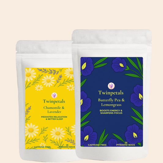 Front view of Twinpetals Chamomile Butterfly Pea tea combo pack, featuring calming and antioxidant-rich floral blends for stress relief and wellness