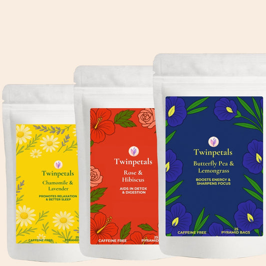 Front view of Twinpetals Chamomile Butterfly Pea Hibiscus tea combo pack, featuring soothing, antioxidant-rich floral blends for relaxation and wellness