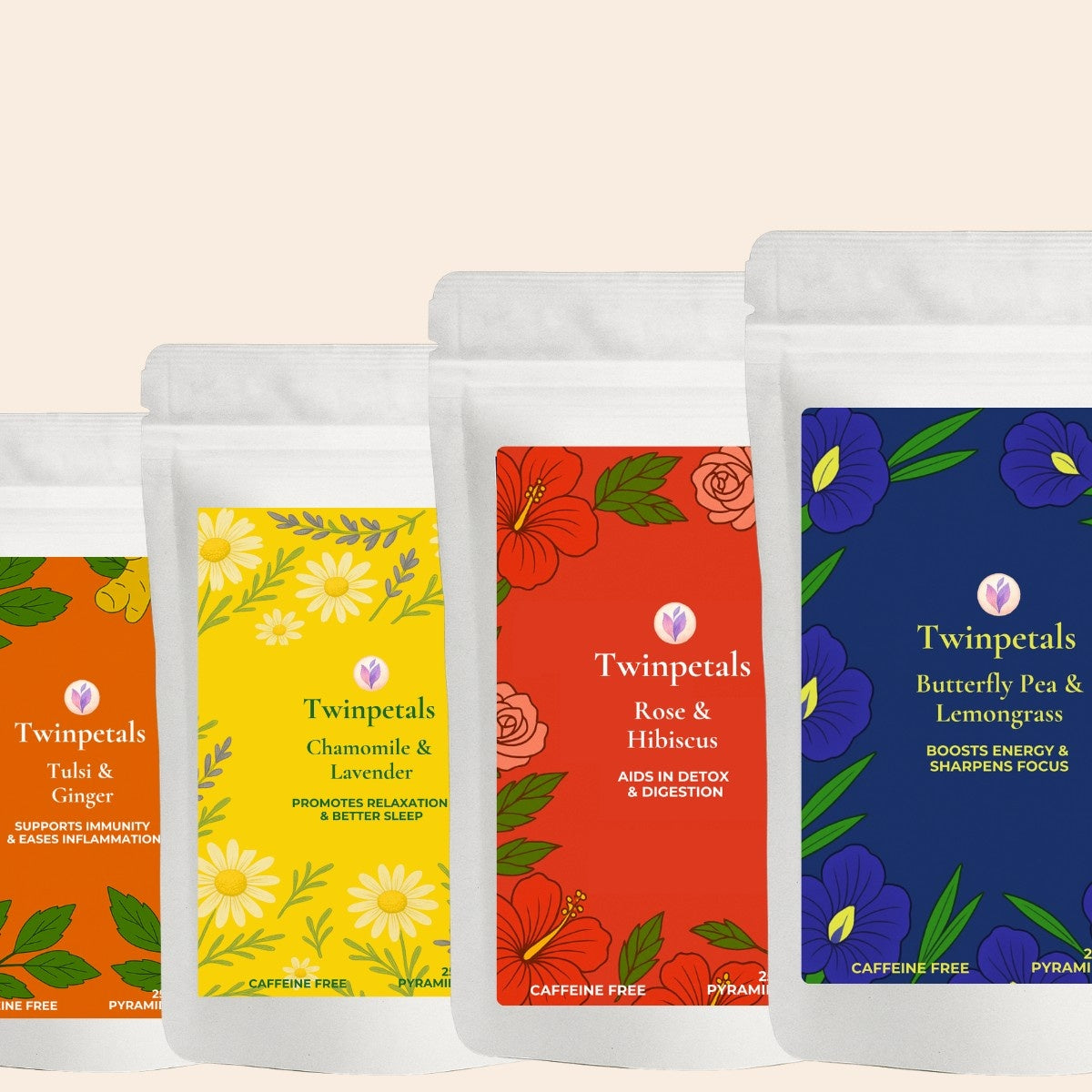 Front view of Twinpetals Chamomile Hibiscus Butterfly Pea Tulsi Ginger tea combo pack, offering calming, detoxifying, and immunity-boosting floral blends