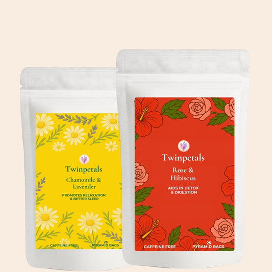 Front view of Twinpetals Chamomile Lavender Hibiscus Rose tea combo pack, combining calming and detoxifying floral blends for relaxation and overall wellness