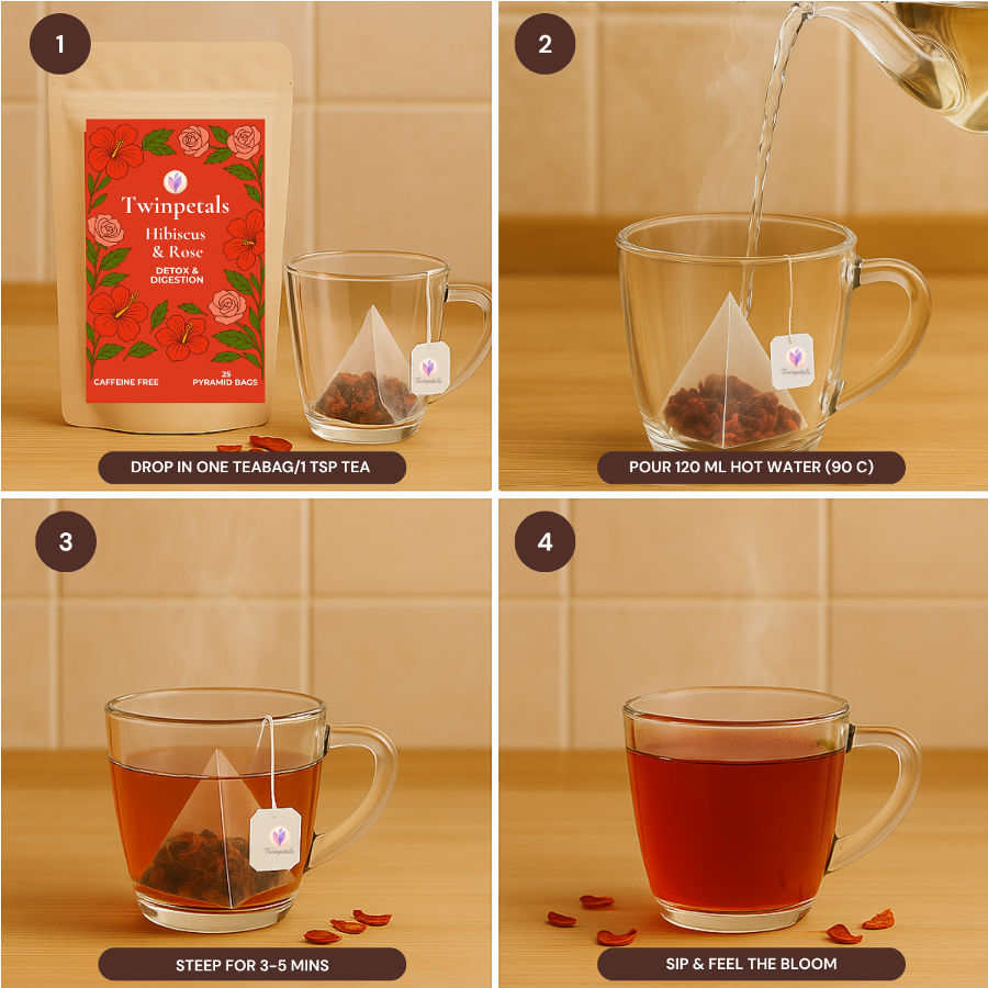 How to brew hot hibiscus rose tea with Twinpetals pyramid tea bags — 4 simple steps