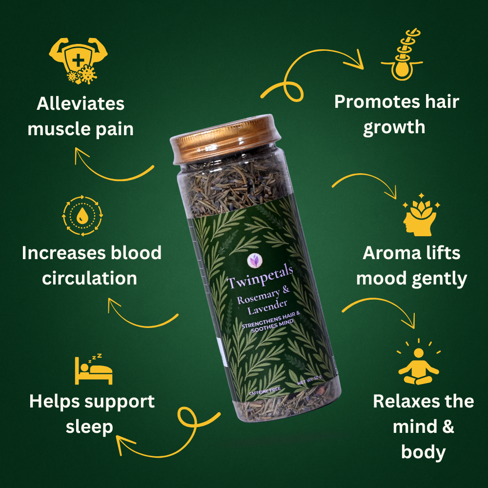 Rosemary Lavender tea key benefits – strengthens hair, promotes relaxation, reduces stress, and soothes the mind